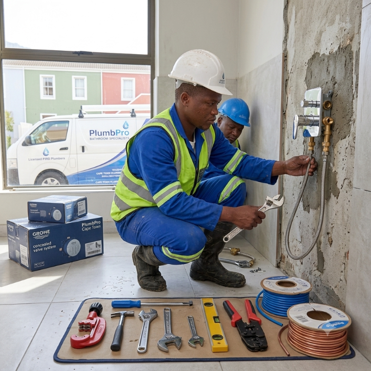 Bathroom plumbing services in Cape Town by Romelectrical, including toilet repairs, basin installations, shower plumbing, tap repairs, and bathroom pipework.