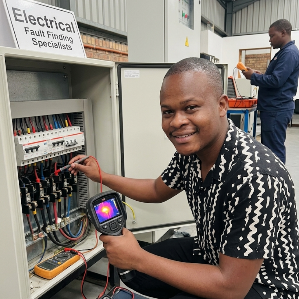 Electrical fault finding specialists in Cape Town inspecting and diagnosing an electrical fault