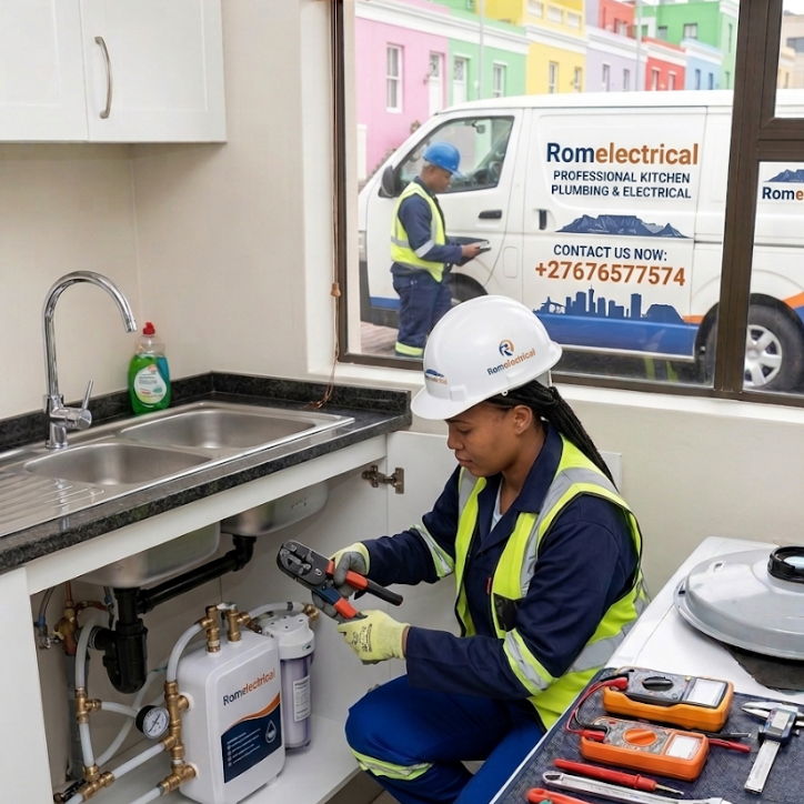 Kitchen plumbing services in Cape Town by Romelectrical, including sink installations, tap repairs, pipe repairs, leak detection, and drain unblocking.